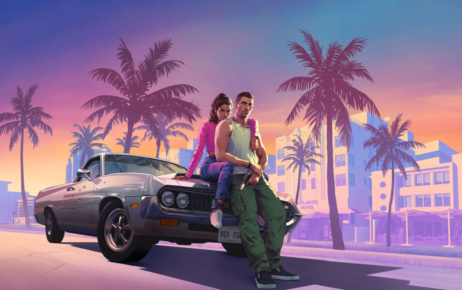 Key art of two characters leaning on a car on a palm-lined street