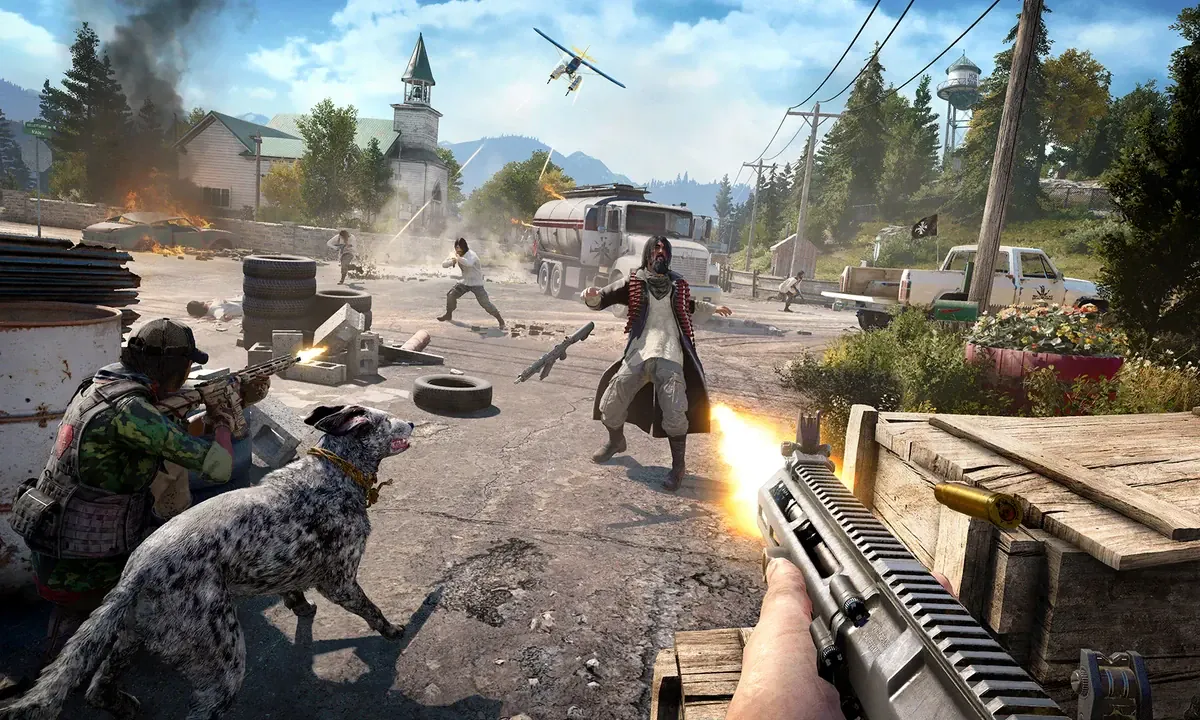 First-person view of a firefight in a shooter