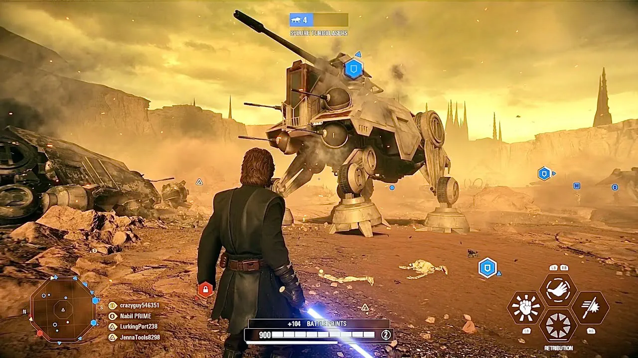 Over-the-shoulder view of a character facing a walker in a third-person action game