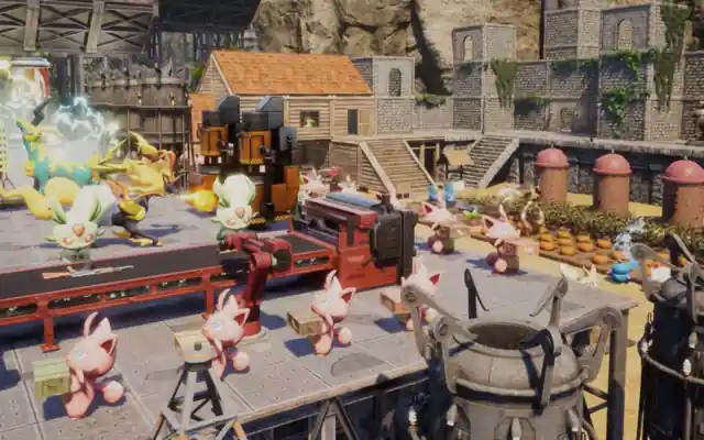Creatures carrying crates along a conveyor line at a base beside crop fields