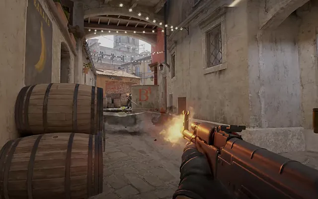 First-person view firing a rifle down a narrow stone alley