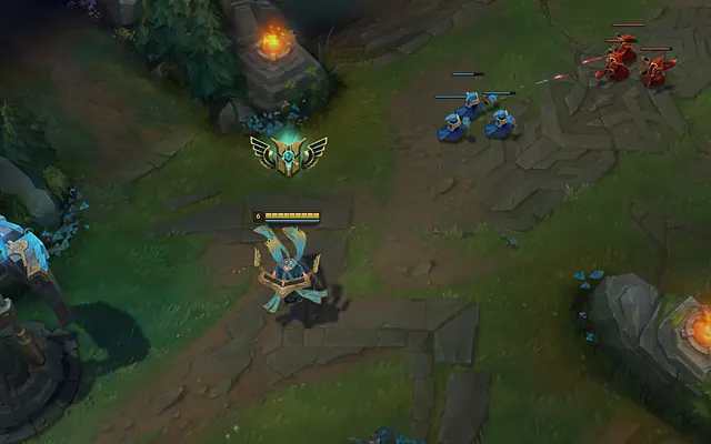 Top-down view of a hero, a tower and two groups of small units on a forest path