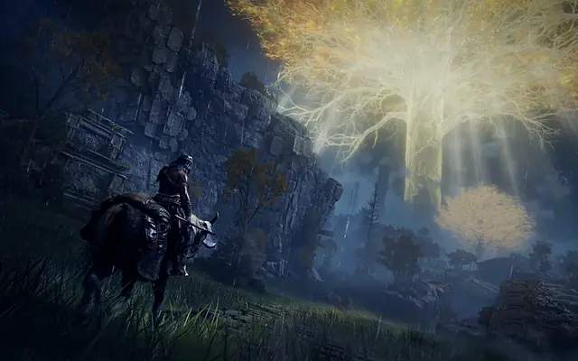 A rider on horseback beneath a giant glowing tree at night
